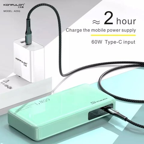 Power bank Konfulon A25Q, 20000 мАг, 65 Вт, м'ятний, Power Delivery (PD), pass-through charging Прев'ю 2