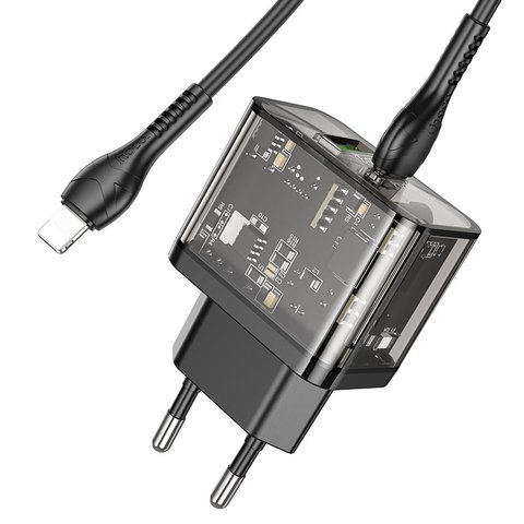 Сетевое зарядное устройство Hoco N34, 20 Вт, Power Delivery (PD), черный, прозрачный, c кабелем USB тип-C к Lightning для Apple, 2 порта, #6931474799173 Превью 2