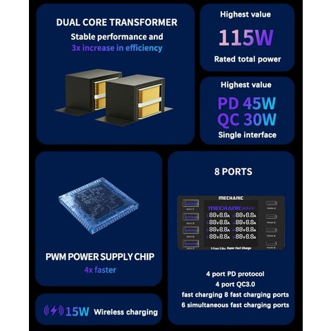 Adaptador de red Mechanic V-Power 8 Max, 115 W, Quick Charge, Power Delivery (PD), 8 puertos Vista previa  1
